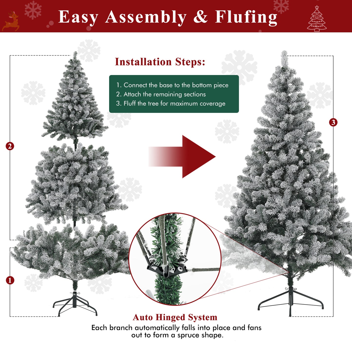 Christmas Tree, 6Ft/1.8M Artificial Christmas Trees with Lights, Snow Flocked Xmas Tree with Foldable Stand Hinged for Home Indoor Decor
