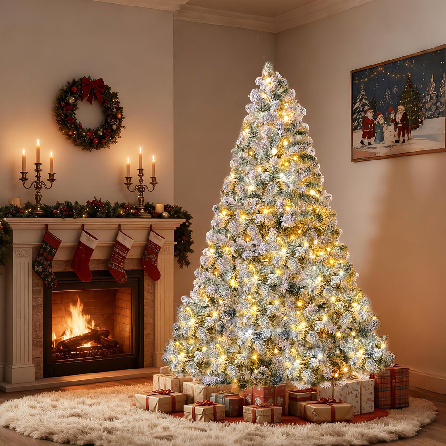 Christmas Tree, 6Ft/1.8M Artificial Christmas Trees with Lights, Snow Flocked Xmas Tree with Foldable Stand Hinged for Home Indoor Decor