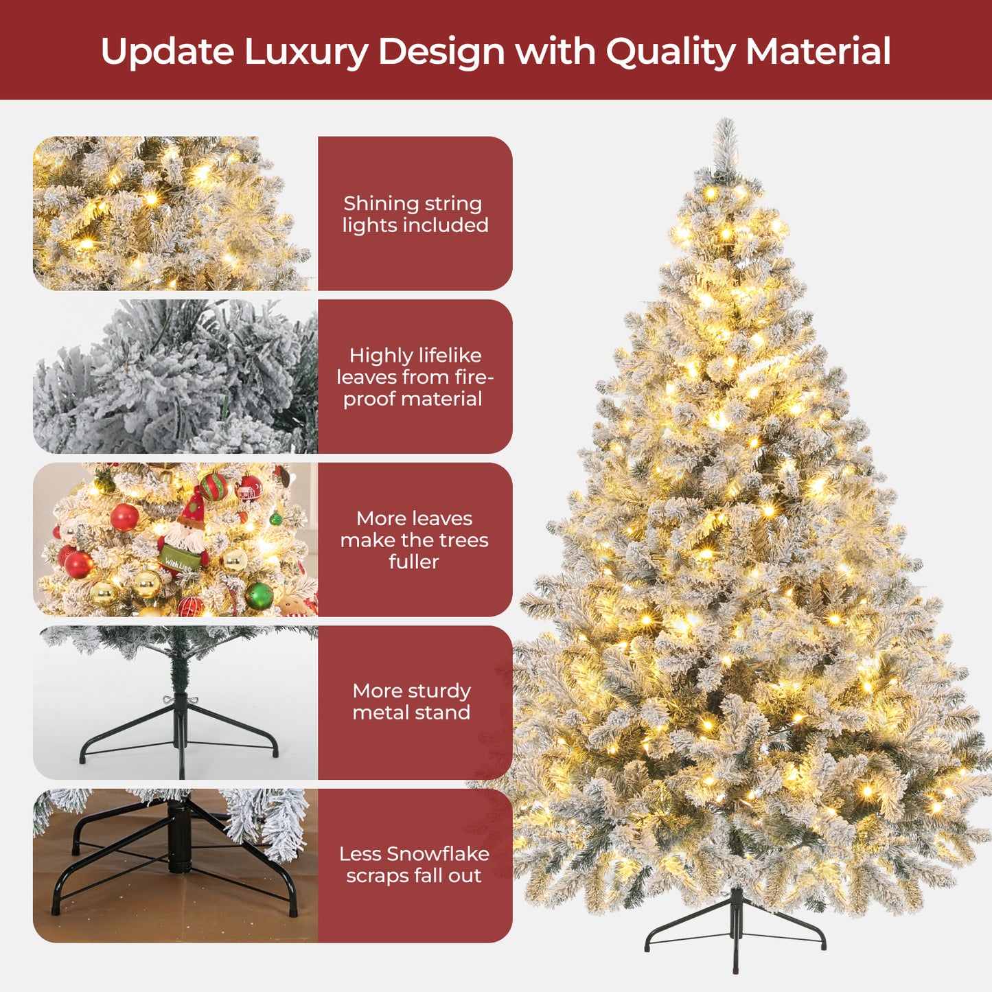Christmas Tree, 6Ft/1.8M Artificial Christmas Trees with Lights, Snow Flocked Xmas Tree with Foldable Stand Hinged for Home Indoor Decor