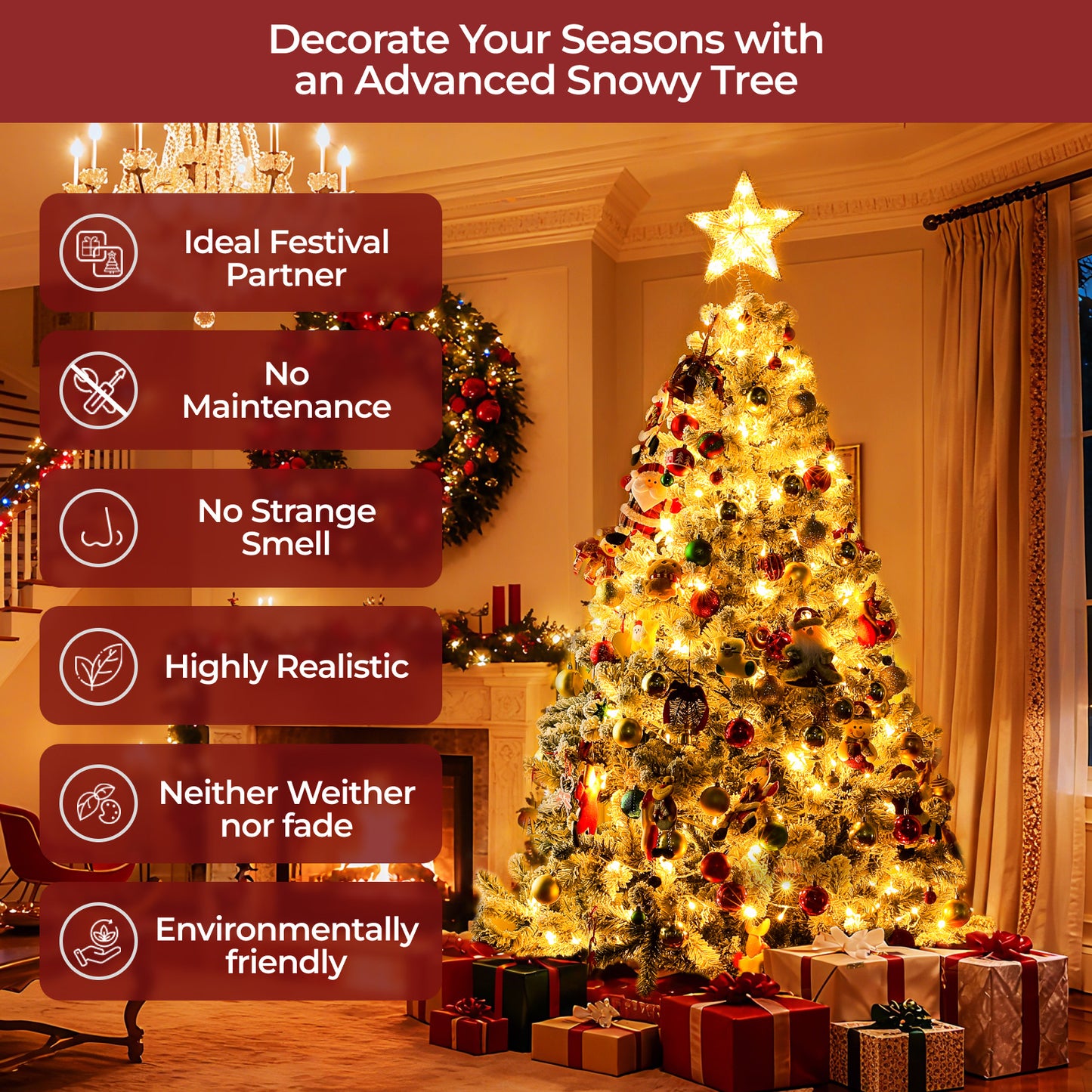 Christmas Tree, 6Ft/1.8M Artificial Christmas Trees with Lights, Snow Flocked Xmas Tree with Foldable Stand Hinged for Home Indoor Decor