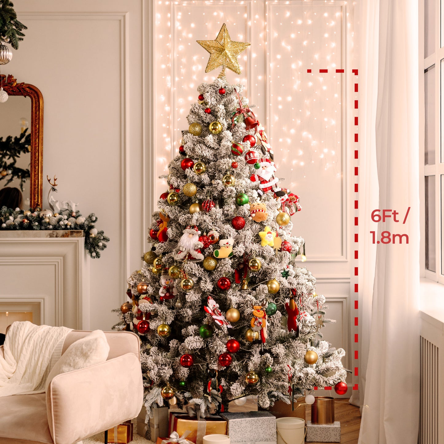 Christmas Tree, 6Ft/1.8M Artificial Christmas Trees with Lights, Snow Flocked Xmas Tree with Foldable Stand Hinged for Home Indoor Decor