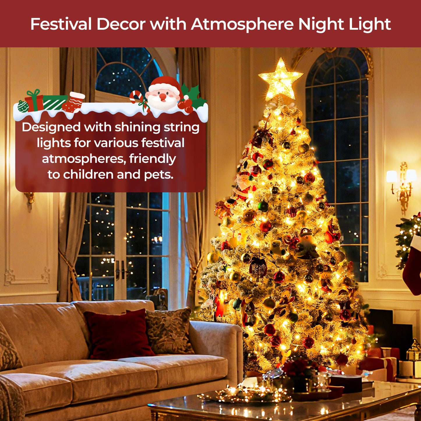 Christmas Tree, 6Ft/1.8M Artificial Christmas Trees with Lights, Snow Flocked Xmas Tree with Foldable Stand Hinged for Home Indoor Decor