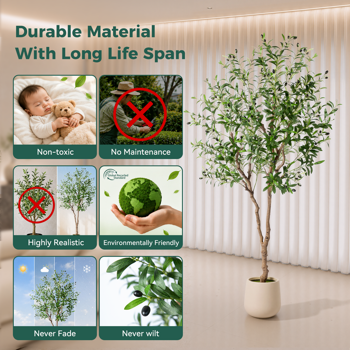 NOVAROOT Olive Tree 6FT Artificial Indoor with White Tall Exquisite Planter Faux Olive Tree with Realistic Wood Trunk, Silk Leaves and Lifelike Fruit, Fake Plants for Living Room Entryway Home Decor
