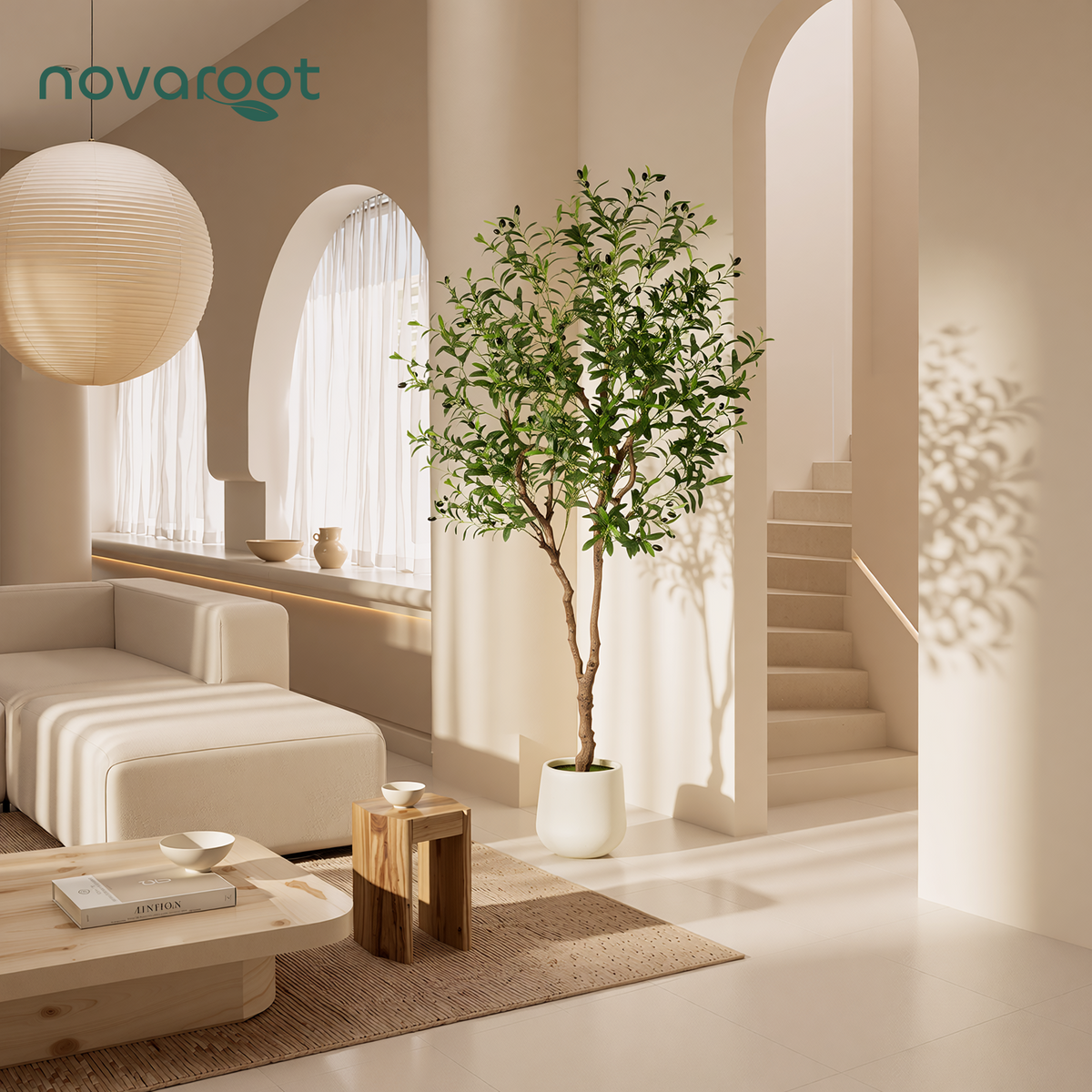 NOVAROOT Olive Tree 6FT Artificial Indoor with White Tall Exquisite Planter Faux Olive Tree with Realistic Wood Trunk, Silk Leaves and Lifelike Fruit, Fake Plants for Living Room Entryway Home Decor