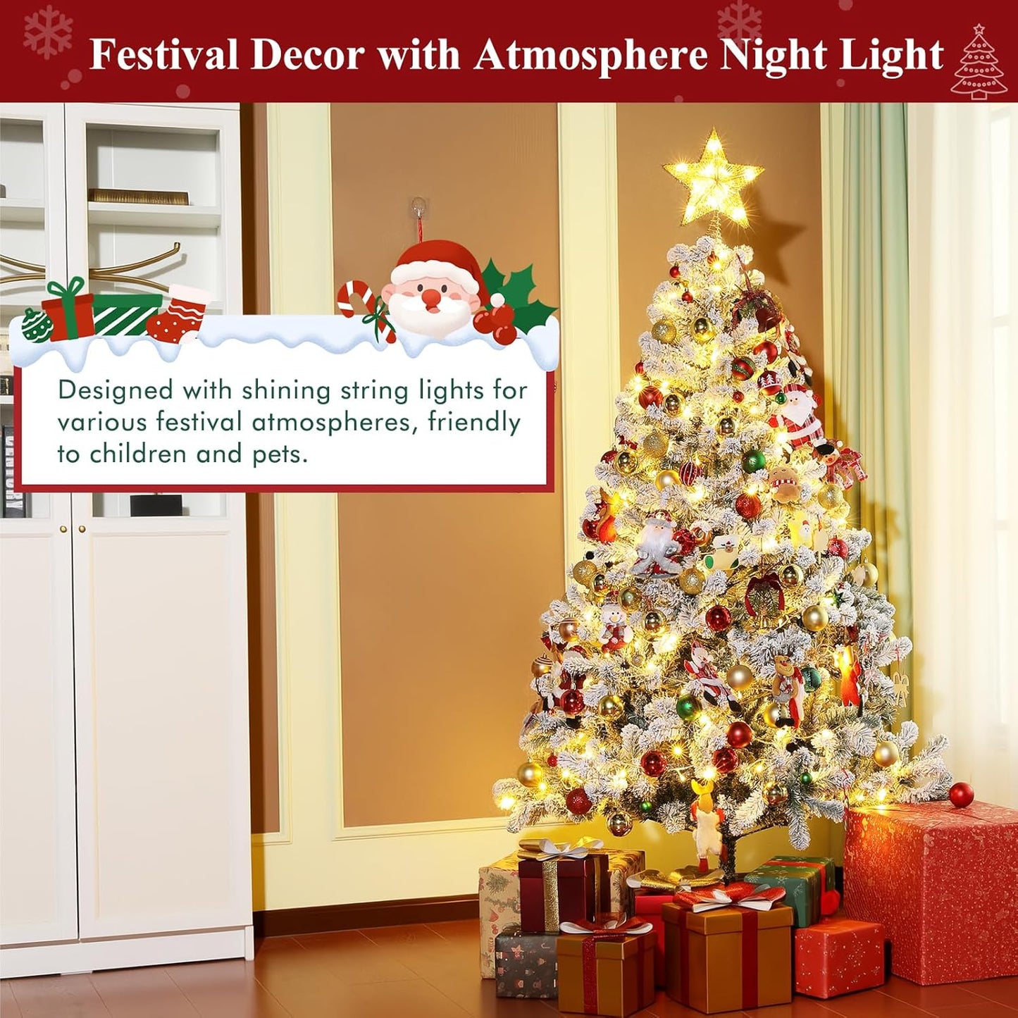 Prelit Christmas Tree, 6Ft/1.8M Pre-Lit Artificial Christmas Tree, Snow Flocked Pre-Lit Pencil Spruce Xmas Tree with Incandescent Lights