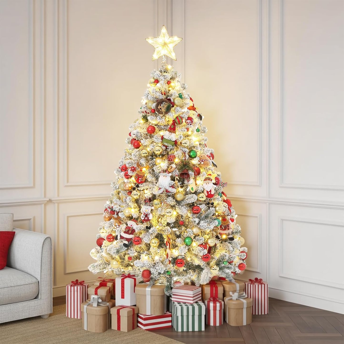 Prelit Christmas Tree, 6Ft/1.8M Pre-Lit Artificial Christmas Tree, Snow Flocked Pre-Lit Pencil Spruce Xmas Tree with Incandescent Lights