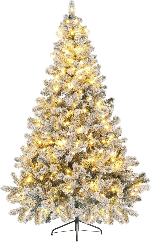 Prelit Christmas Tree, 6Ft/1.8M Pre-Lit Artificial Christmas Tree, Snow Flocked Pre-Lit Pencil Spruce Xmas Tree with Incandescent Lights