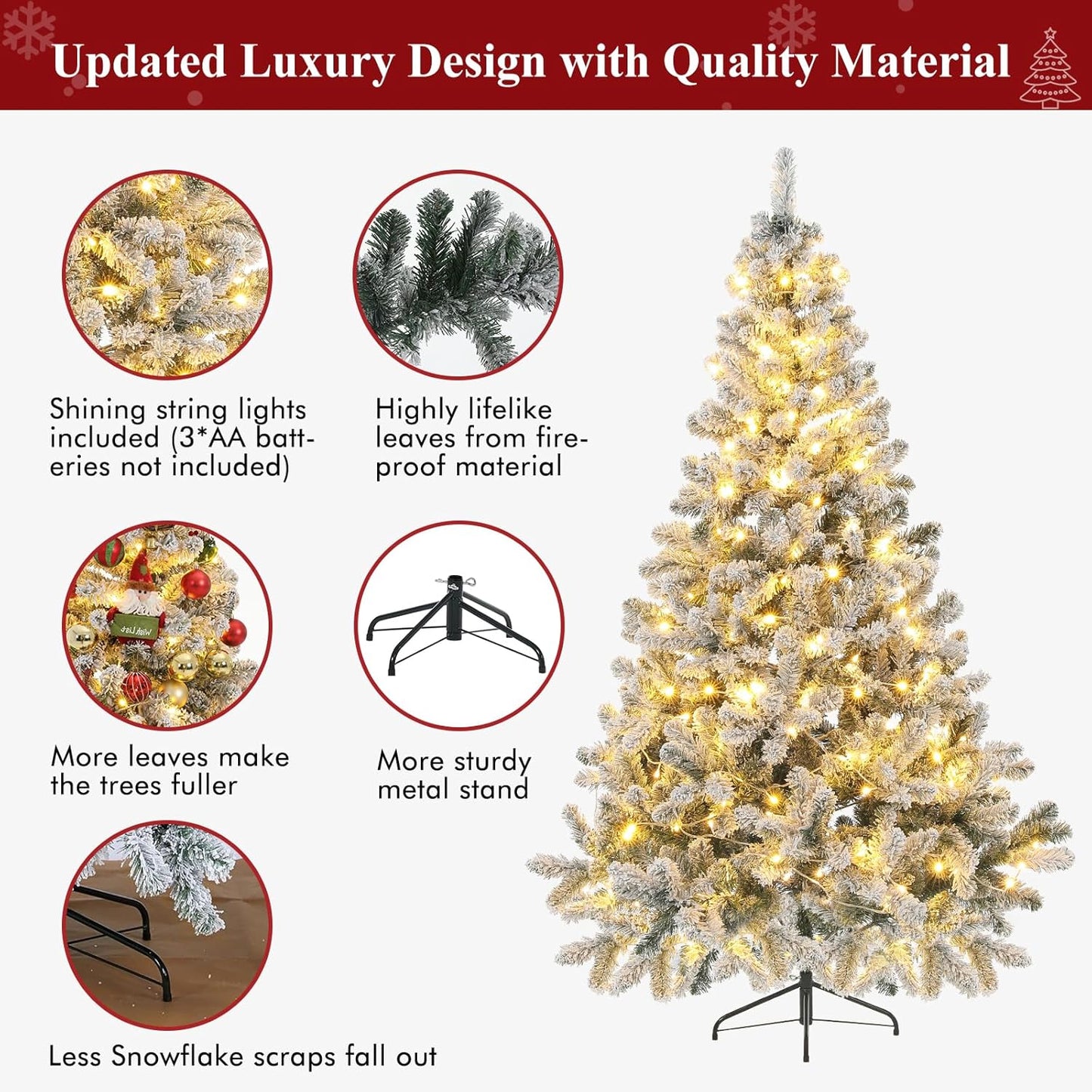 Prelit Christmas Tree, 6Ft/1.8M Pre-Lit Artificial Christmas Tree, Snow Flocked Pre-Lit Pencil Spruce Xmas Tree with Incandescent Lights