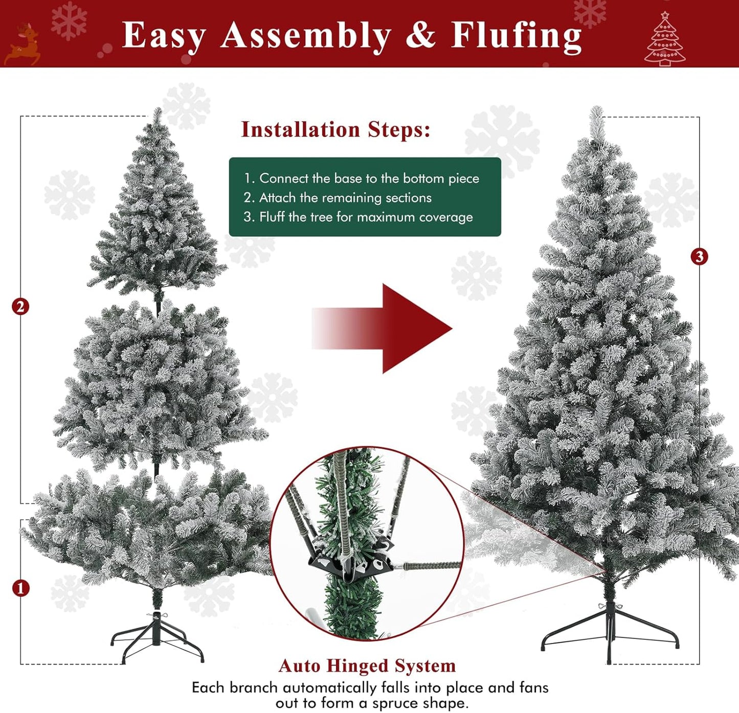 Prelit Christmas Tree, 6Ft/1.8M Pre-Lit Artificial Christmas Tree, Snow Flocked Pre-Lit Pencil Spruce Xmas Tree with Incandescent Lights