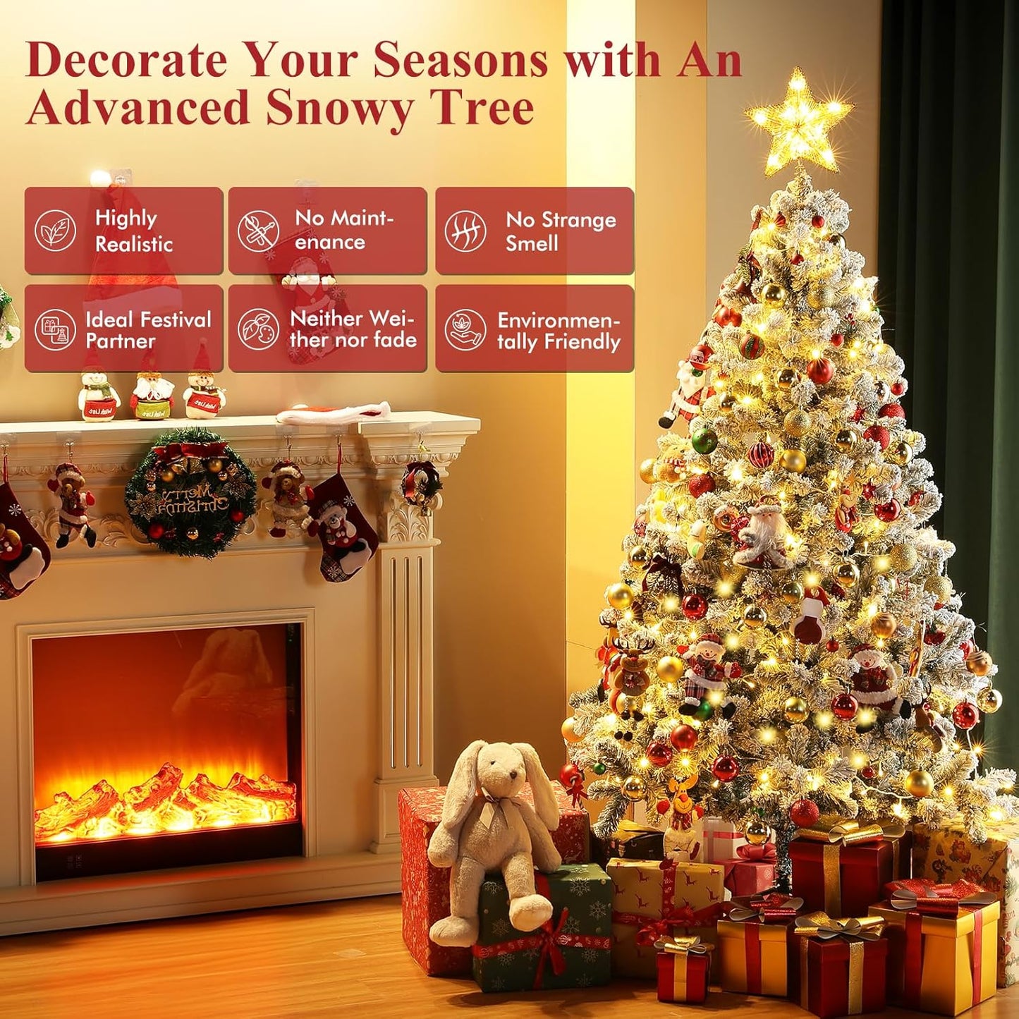 Prelit Christmas Tree, 6Ft/1.8M Pre-Lit Artificial Christmas Tree, Snow Flocked Pre-Lit Pencil Spruce Xmas Tree with Incandescent Lights