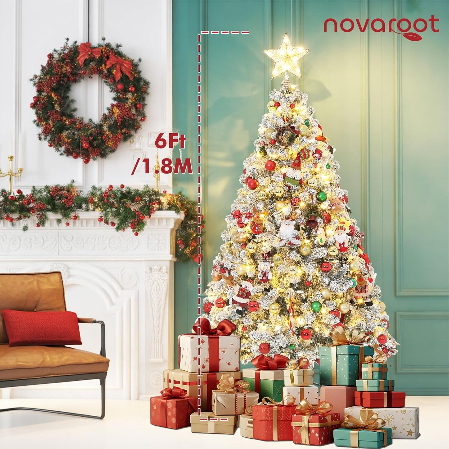 Prelit Christmas Tree, 6Ft/1.8M Pre-Lit Artificial Christmas Tree, Snow Flocked Pre-Lit Pencil Spruce Xmas Tree with Incandescent Lights