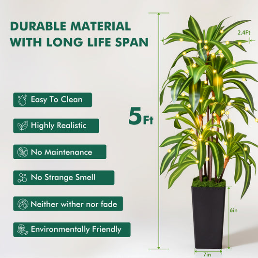 Artificial Dracaena Tree Indoor, 5Ft Faux Plants Indoor with Black Tall Planter - Faux Yucca Tall Fake Floor Plant in Pot - Artificial Plant for Home Office Living Room Decor Indoor