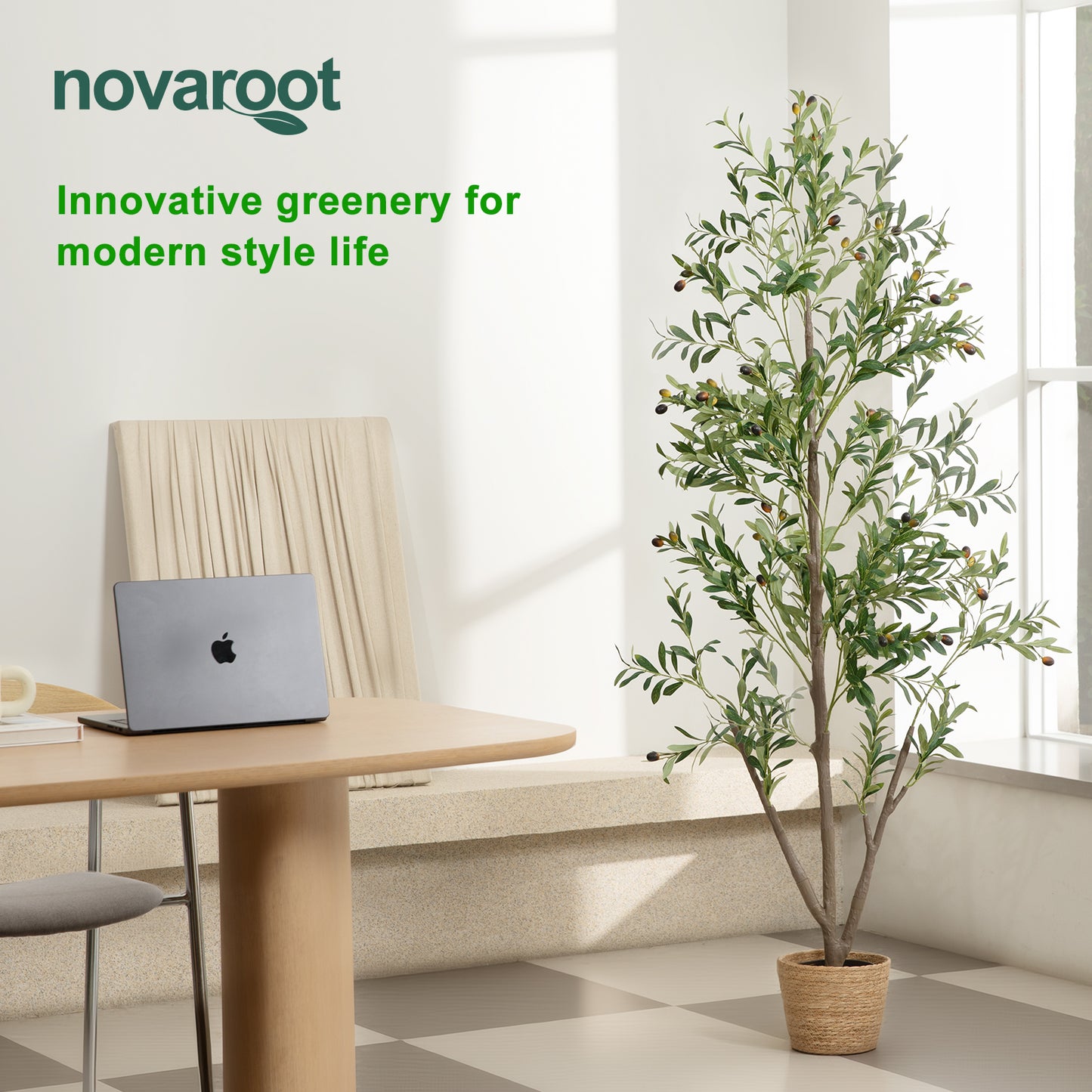 Olive Trees Artificial Indoor, 6FT Tall Faux Olive Tree with Lights Moss and Planter, Artificial Plants Indoor with Natural Wood Trunk and Lifelike Fruits, Fake Tree for Home Office Living Room Decor