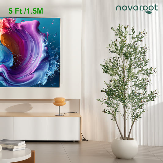 Olive Trees Artificial Indoor, 6FT Tall Faux Olive Tree with Lights Moss and Planter, Artificial Plants Indoor with Natural Wood Trunk and Lifelike Fruits, Fake Tree for Home Office Living Room Decor